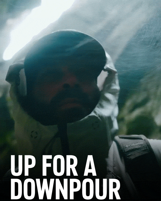 Rotating images of hikers in Saudan Pro rain jacket. Dry of the storm.