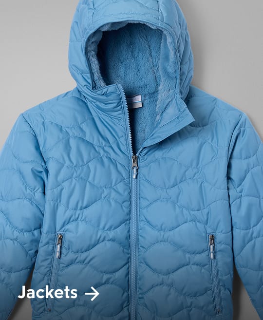 Flatlay of a blue puffer jacket with text: Jackets