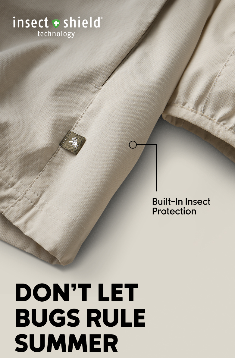Close-up of tan jacket with text: DON'T LET BUGS RULE