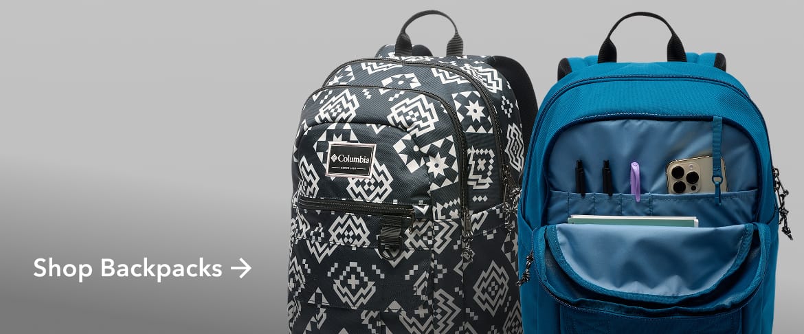 Two colorful backpacks against a grey background with text: Shop Backgrounds