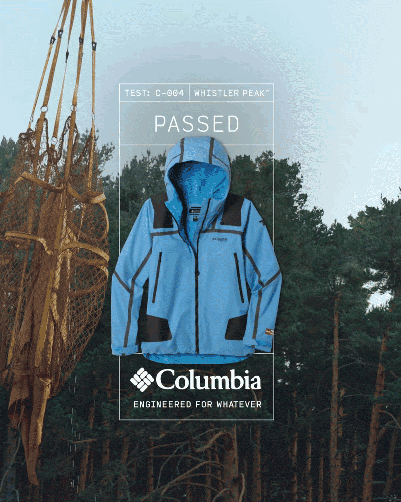 A video of two people wearing Columbia rain gear with a a dump truck full of water being dropped on them from above. Proving the jacket passed the dry test. 