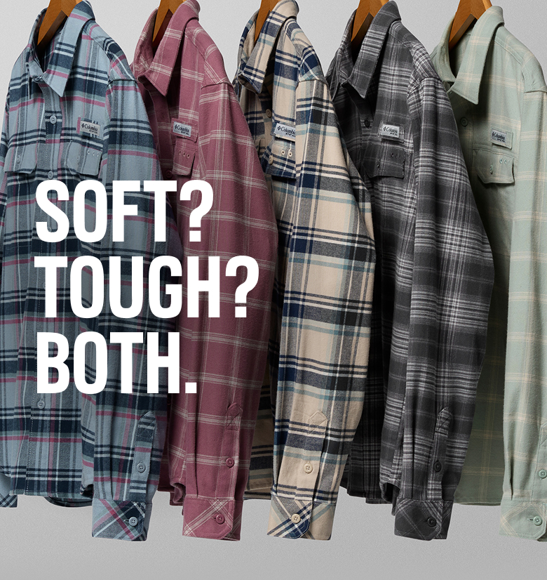 Rack of flannels with headline SOFT? TOUGH? Both.
