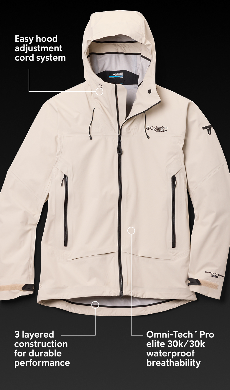 Easy hood adjustment cord system. 3 layered construction for durable performance. Omni-tech Pro elite 30k/30k waterproof breathablity