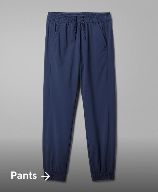 Flatlay of navy sweat pants with text: Pants 