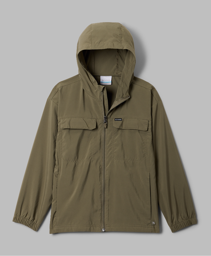 Flatlay of a kids' dark green hooded shirt.