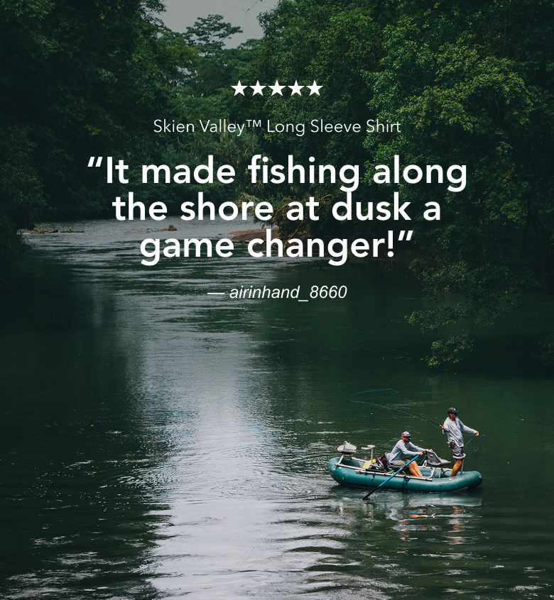 Two anglers on a boat in the river with text: 