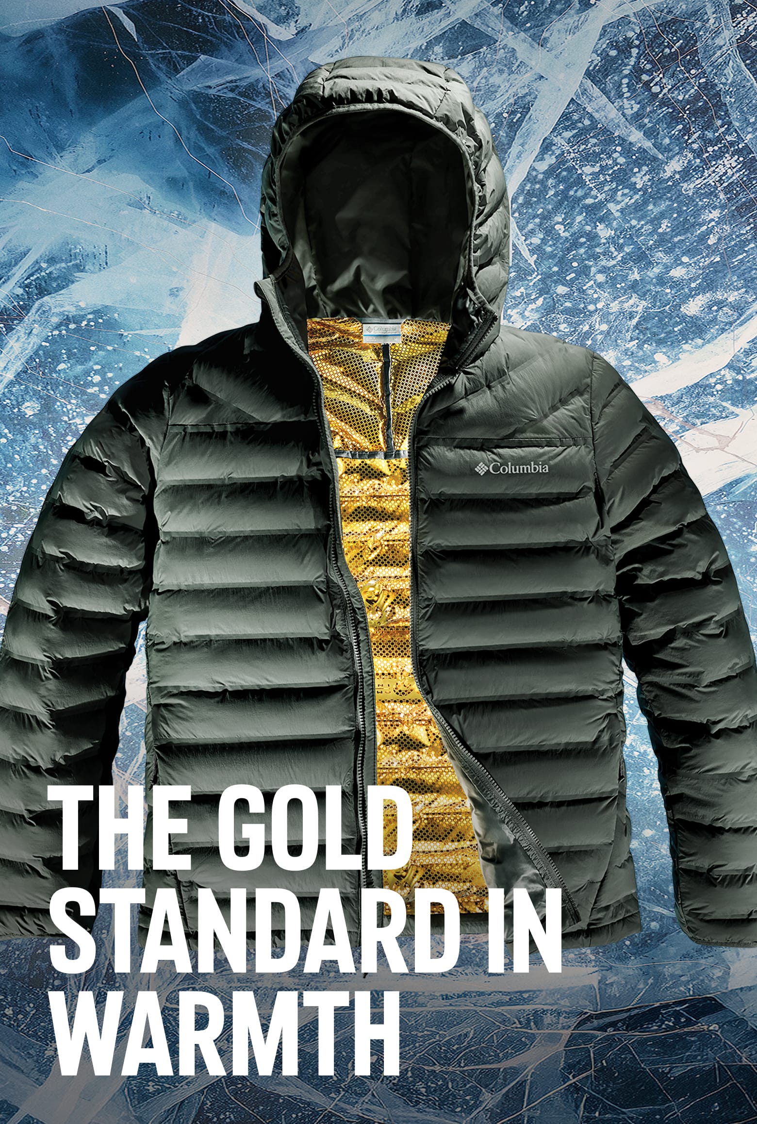 A green puffer with a gold interior against an icy background.