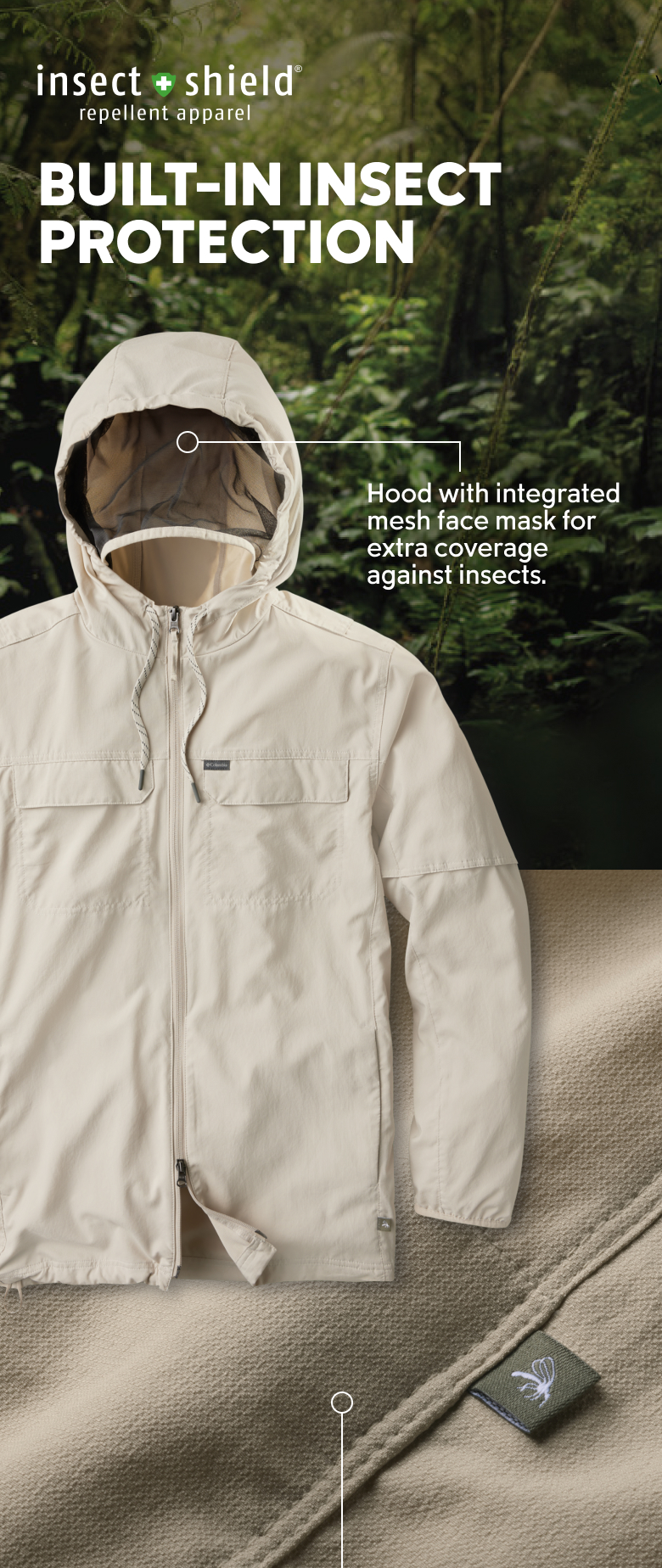 A long sleeve tan shirt with a hood against a forest setting with text: BUILT IN INSECT PROTECTION