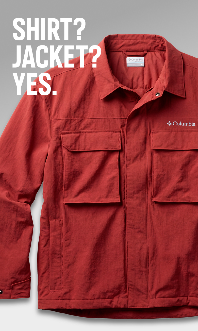 Laydown of a red shacket with headline SHIRT? JACKET? YES.